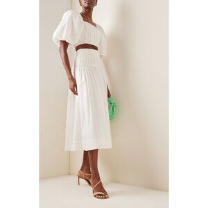 Aje White Enamour Shirred Cotton Midi Skirt, Size AU10 / US6